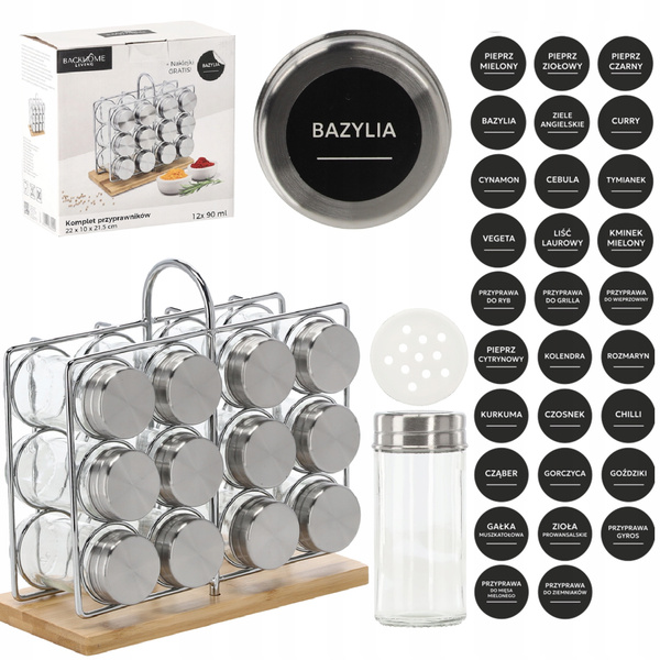 PRZYPRAWNIK PROSTOKĄTNY 22 x 10 x 21,5 CM Z RĄCZKĄ 12 SŁOICZKÓW BAMBUSOWO-SREBRNY *9202