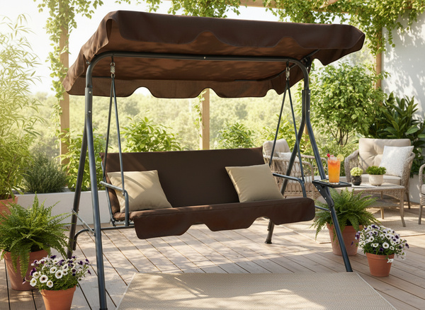 HUŚTAWKA OGRODOWA A-TYPE 170 x 118 x 153 cm BRĄZOWA Z BEŻOWYMI POD. I PODSTAWKAMI NA KUBEK