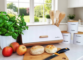 CHLEBAK AGLIO - BAMBUSOWY Z POKRYWĄ METALOWĄ 36,5 x 25 x 13 CM BIAŁY MAT + 3 POJEMNIKI 11,5x11,5x12 CM *4942