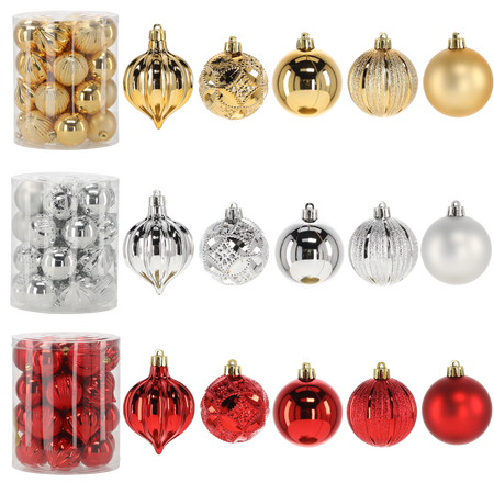 SET OF 26 BAUBLES 6 CM RED/GOLD/SILVER
