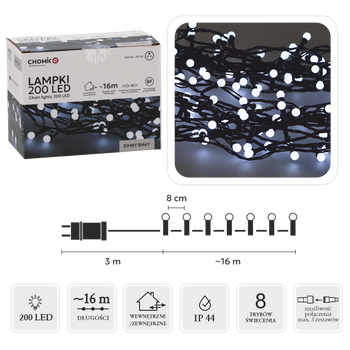 LAMPKI LED KULKI 200L ZIMNY BIAŁY, DŁ. 3 + 16 M *0153