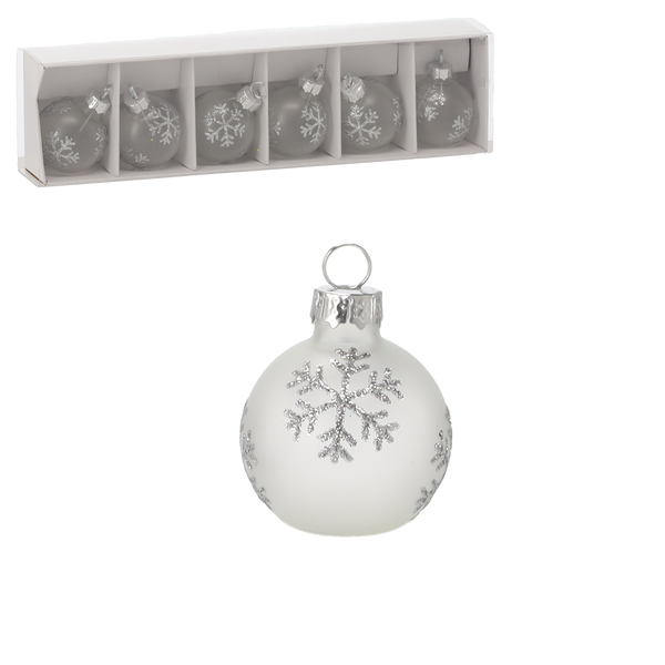 KPL. 6 BOMBEK CHOINKOWYCH SZKLANYCH - TRANSPARENTNYCH ZE ŚNIEŻYNKAMI 25,3 x 6,7 x 4,4 CM *2171