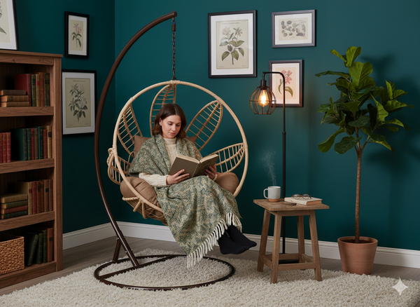 FOTEL WISZĄCY SOBRE - NATURALNY, SZARA PODUSZKA, BRĄZOWA RAMA