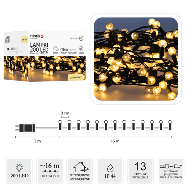 LED CHRISTMAS TREE LIGHTS CHERRY BALL 200L WARM WHITE