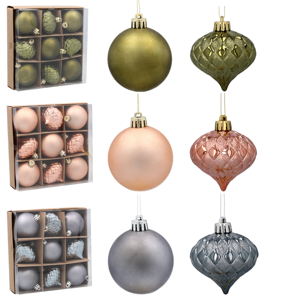 SET OF 9 BAUBLES 6 CM OLIVE/COPPER/GRAPHITE MIX DESIGNS