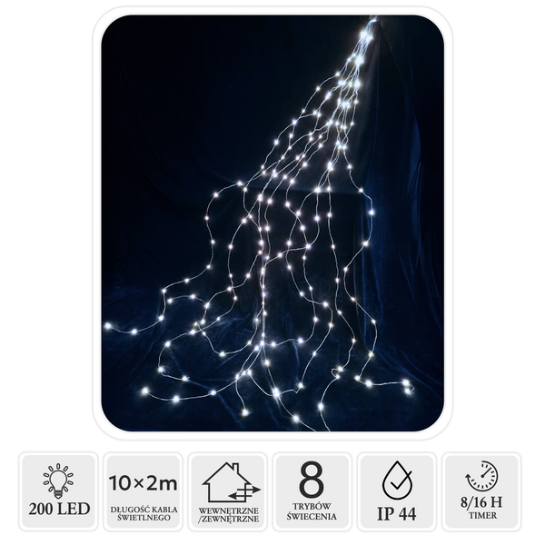 LAMPKI LED DRUCIKI 200L ZIMNY BIAŁY 10 WIĄZEK x 2 M WEWN/ZEWN *1797