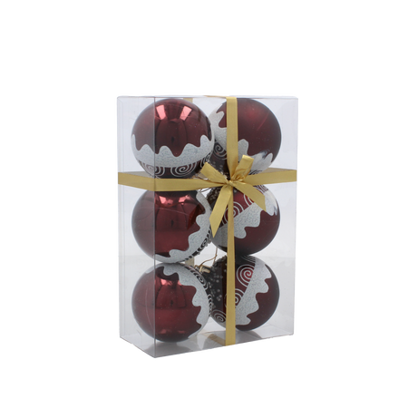 SET OF 6 CHRISTMAS BAUBLES DARK RED 7 CM