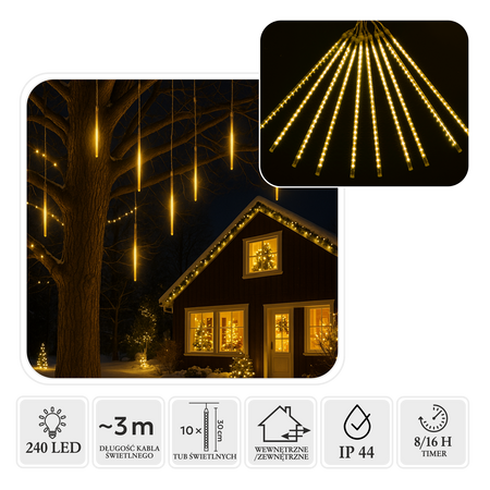 KURTYNA METEORY LED 10 SZT 30 CM CIEPŁY BIAŁY, DŁ. 3 + 2,7 M WEWN/ZEWN *1766