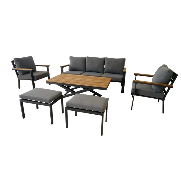 ZESTAW MEBLI OGRODOWYCH ALUMINIOWYCH TEAKOWYCH (SOFA + 2 FOTELE + STÓŁ + 2 TABORETY) ANTRACYT + SZARE PODUSZKI *0428