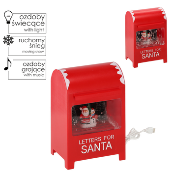 CUTIE DE SCRISORI DECORATIVĂ 15 x 12 x 23 CM CU LED - ROȘIE - CU ZĂPADAȘ ȘI MOȘ CRĂCIUN *3498