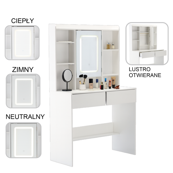 WHITE DRESSING TABLE WITH LED MIRROR AND 2 DRAWERS AND JEWELRY HOOKS