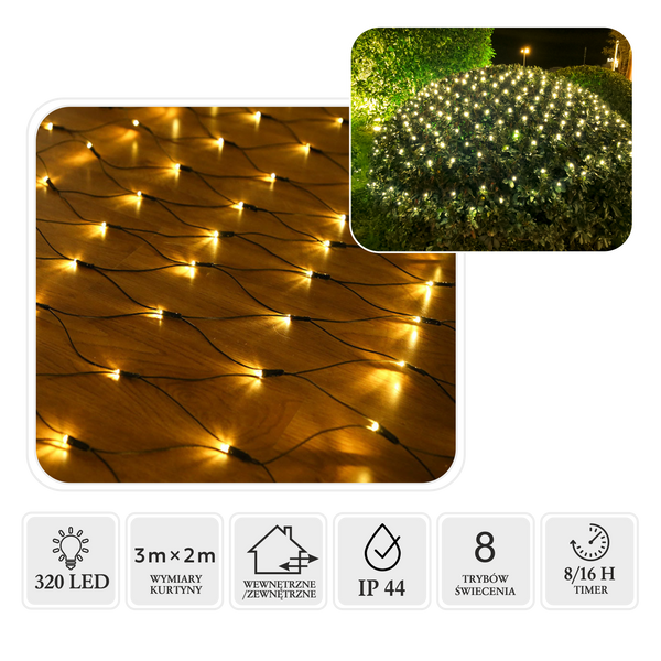 KURTYNA SIATKA LED 320L CIEPŁY BIAŁY 3 x 2 M WEWN/ZEWN *1704