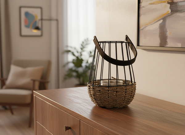 LAMPION METALOWY - CZARNO-BRĄZOWY 22/37 CM Z WKŁADEM SZKLANYM