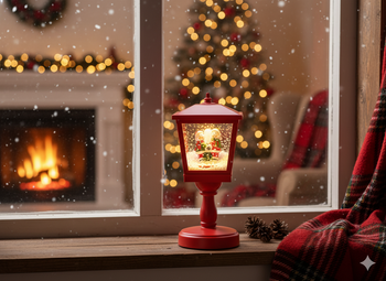 MINI CHRISTMAS LANTERN WITH SNOWMAN 13.5 X 13.5 X 31.5 CM - RED - LED, MUSIC