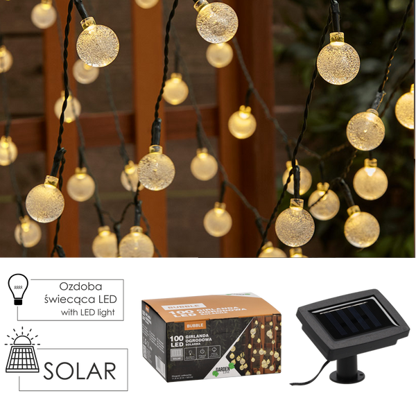 SOLAR GARDEN GARLAND LENGTH 2 + 9.9 M BUBBLE 100 LED WARM WHITE