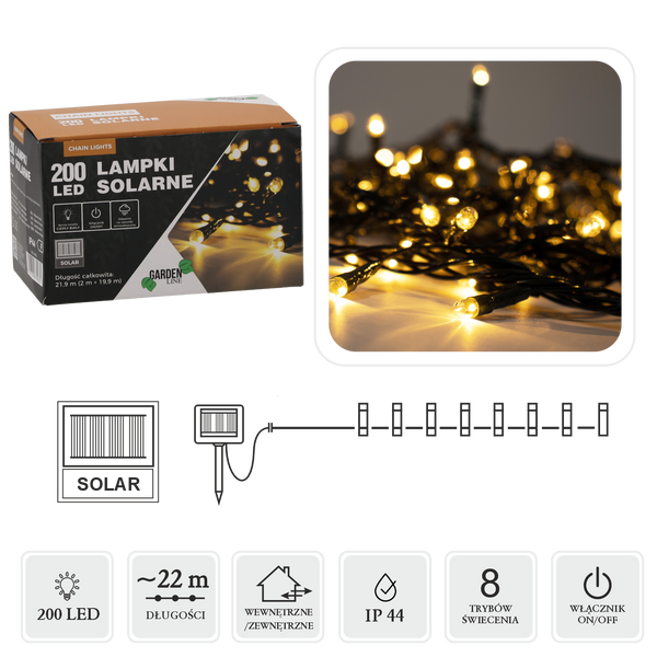 LAMPKI LED SOLARNE 200L CIEPŁY BIAŁY, DŁ. 2 + 20 M *9935