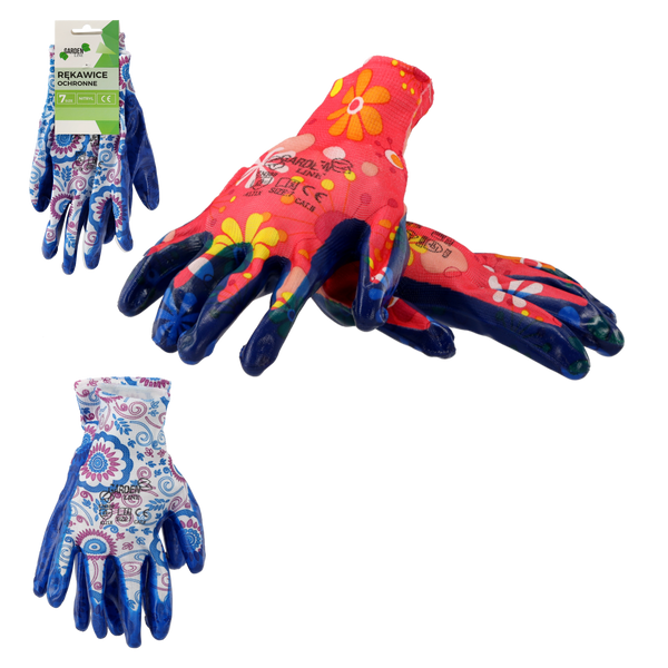 RĘKAWICE OCHRONNE "8" DZIANE MIX WZORÓW Z POLIESTRU POKRYTE NITRYLEM opak=12 szt *6928