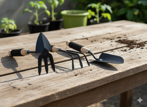 ZESTAW NARZĘDZI OGRODNICZYCH (ŁOPATKA, WIDEŁKI, MOTYCZKA)