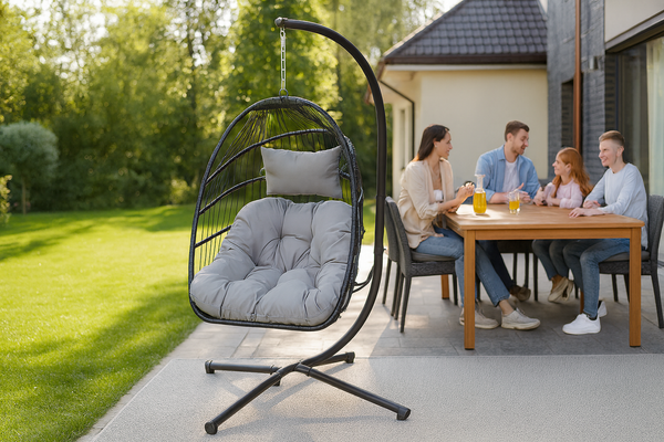 FOTEL WISZĄCY HAGE - SZARY, CIEMNO SZARA PODUSZKA, CZARNA RAMA *9972