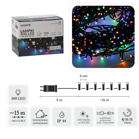 LED SPOTREBA 300L MULTIKOLOR + STUDENÝ BLESK, DĹŽKA 3 + 15 M VNÚTR/EXTERIÉR *9553