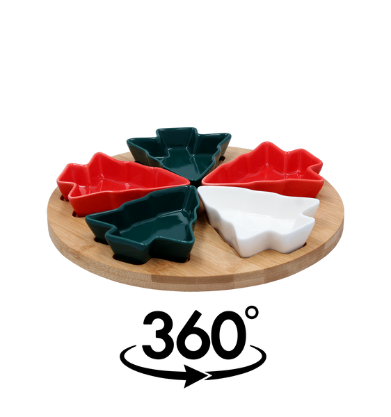 SET FOR SERVING APPETIZERS - 5 TREE-SHAPED BOWLS WITH BAMBOO BOARD