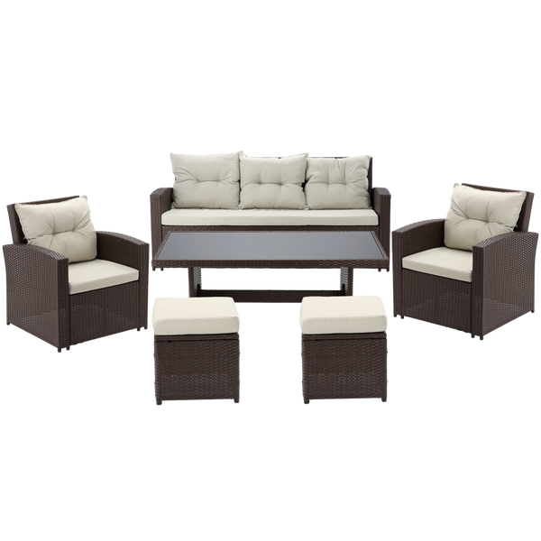 DUŻY ZESTAW MEBLI OGRODOWYCH (SOFA, 2 FOTELE, 2 PUFY, STOLIK) - BRĄZOWY, PODUSZKI - BEŻOWY