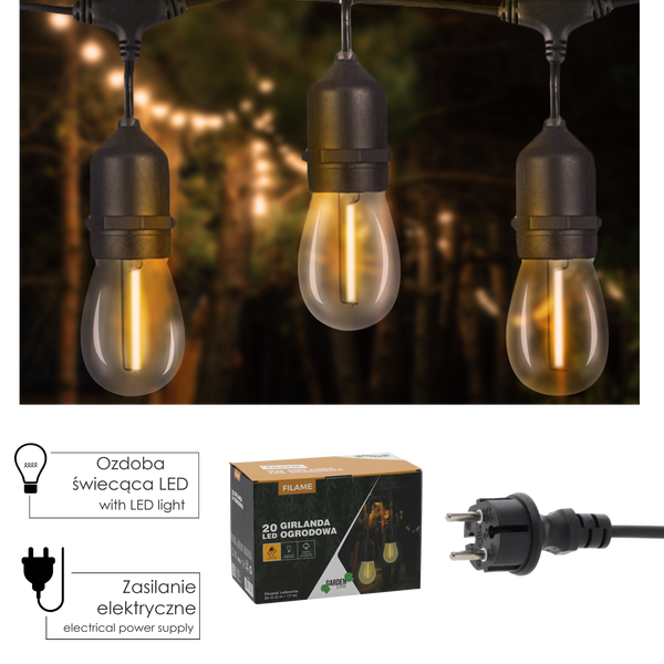 GIRLANDA PENTRU GRĂDINĂ 230 V LUNGIMEA 3 + 17 M FILAME 20 LED ALB CALD CU PRINDERI *1250