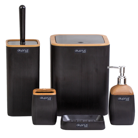 5-PIECE BATHROOM SET SQUARE BLACK / WOOD