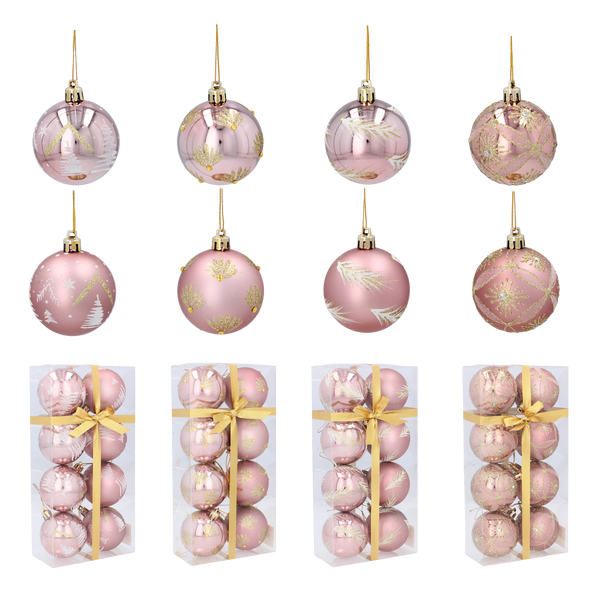 SET OF 8 CHRISTMAS BAUBLES 6 CM PINK MIX DESIGNS