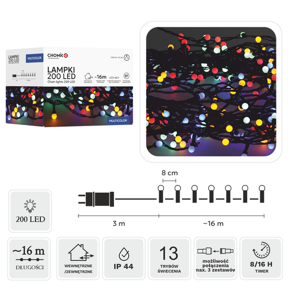LED GUĽÔČKY 200L MULTIKOLOR, DĹŽKA 3 + 16 M *0160