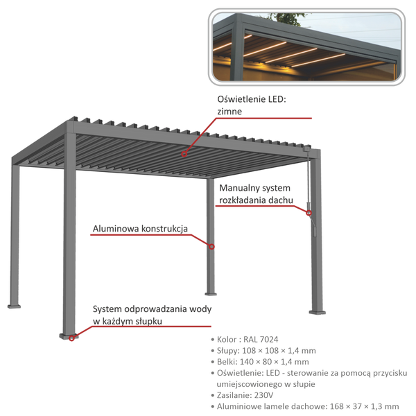 PERGOLA OGRODOWA ALUMINIOWA SZARA LED 3 x 3 x 2,5 M