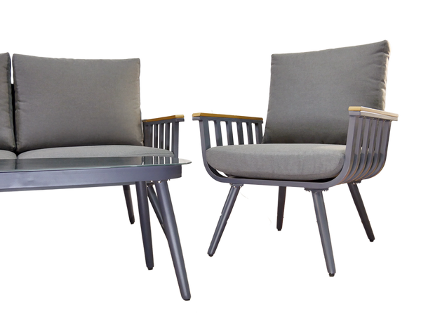 SADA HLINÍKOVÝCH NÁBYTKOV ( SOFA + 2 KRESLÁ + STÔL ) ŠEDÁ + ŠEDÉ VANKÚŠE *8151