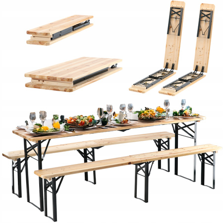 BIESIADNY SET - STÔL 220 x 50 x 77 cm + 2 LAJTY 220 x 25 x 47 cm - Skladací *2829