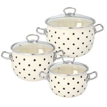 KPL. 3 GARNKÓW EMALIOWANYCH 2,5 L, 3,5 L, 5 L BIAŁY KROPKI Z/P SZKL *3646