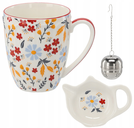 Sada. Porcelánový hrnek 350 ml + porcelánová podložka + květinový čajový sítko *6101