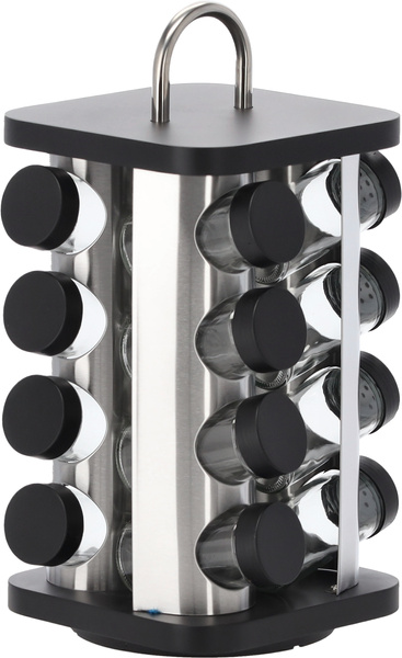 PRZYPRAWNIK KWADRATOWY 16,5 x 16,5 x 33,5 CM Z RĄCZKĄ 16 SŁOICZKÓW CZARNO-SREBRNY *9165