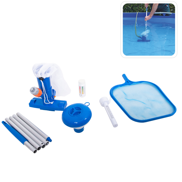 KIT DE CURĂȚARE PENTRU BAZIN MARE (DISTRIBUITOR, TERMOMETRU, TESTER PH, ASPIRATOR, PLASĂ, BÂTĂ) *2937