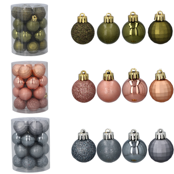 SET OF 20 BAUBLES 3 CM OLIVE/COPPER/GRAPHITE MIX DESIGNS