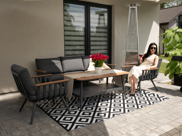 ZESTAW MEBLI ALUMINIOWYCH (3 OS. SOFA + 2 FOTELE + STOLIK) SZARY + SZARE PODUSZKI *9415