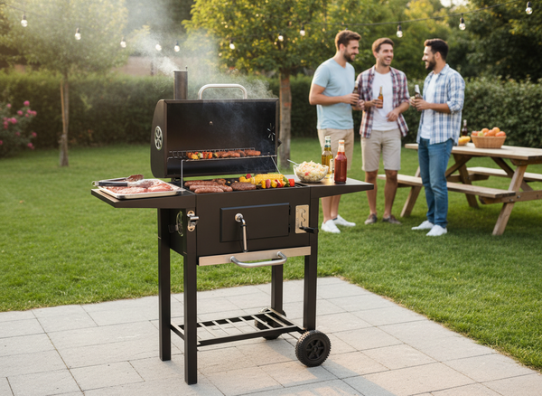 GRILL WĘGLOWY "INFERNO" Z POKRYWĄ, ŻELIWNYM RUSZTEM I KÓŁKAMI 109 x 46 x 106,5 CM