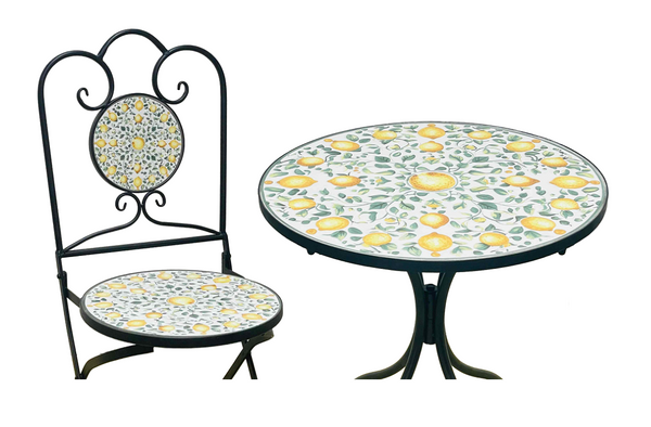 ZESTAW MEBLI OGRODOWYCH METALOWYCH MOZAIKA "LEMONIA" STÓŁ + 2 KRZESŁA