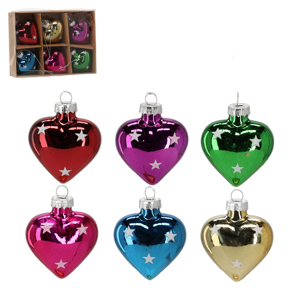 SET DE 6 DECORAȚIUNI DE CRĂCIUN DIN STICLĂ - INIMĂ *4327