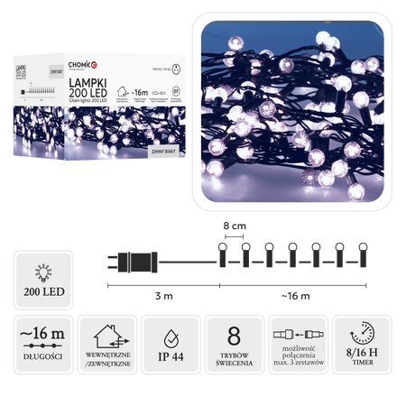 LED SVĚTLA CHERRY BALL 200L STUDENÁ BÍLÁ, DÉLKA 3 + 16 M *9973