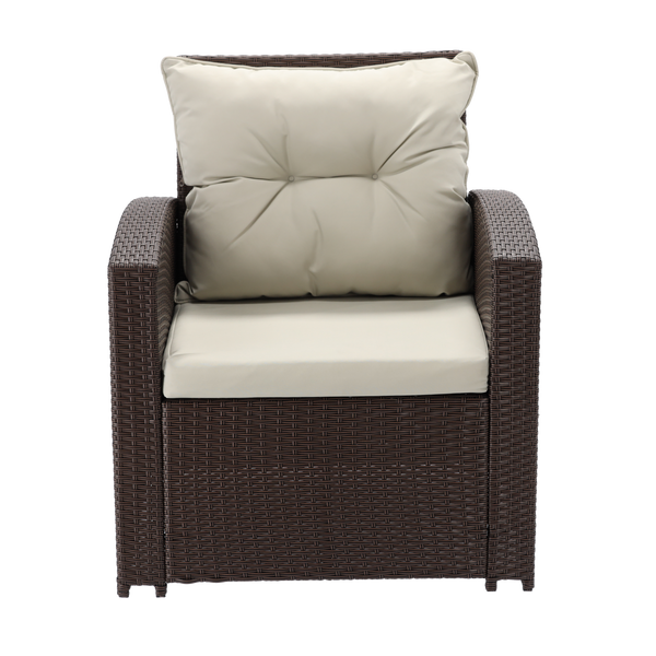 DUŻY ZESTAW MEBLI OGRODOWYCH (SOFA, 2 FOTELE, 2 PUFY, STOLIK) - BRĄZOWY, PODUSZKI - BEŻOWY