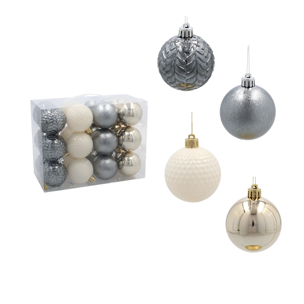 SET OF 24 ORNAMENTS 6 CM CHAMPAGNE/GRAY/WHITE