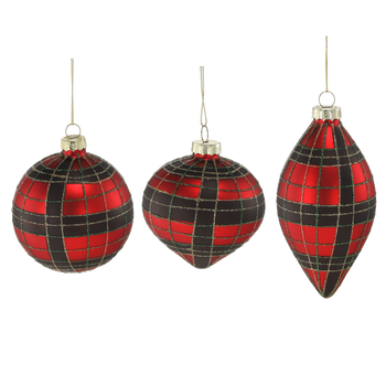 GLASS ORNAMENT - RED BLACK CHECKERED MIXED PATTERNS