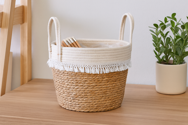 WOVEN BASKET 32 X 25 X 28/38 CM FROM SEAGRASS WITH TASSELS