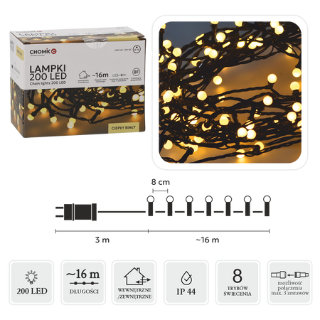 LAMPKI LED KULKI 200L CIEPŁY BIAŁY, DŁ. 3 + 16 M *0146
