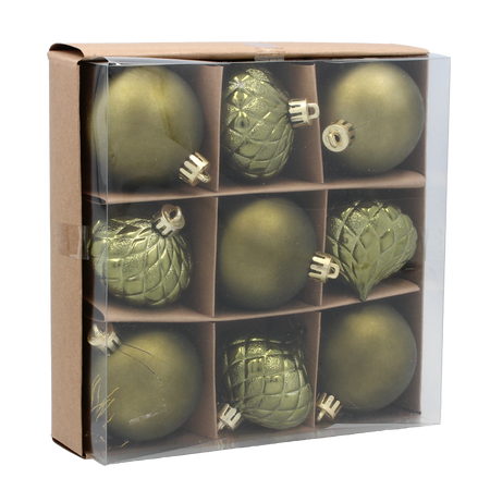 SET OF 9 BAUBLES 6 CM OLIVE/COPPER/GRAPHITE MIX DESIGNS