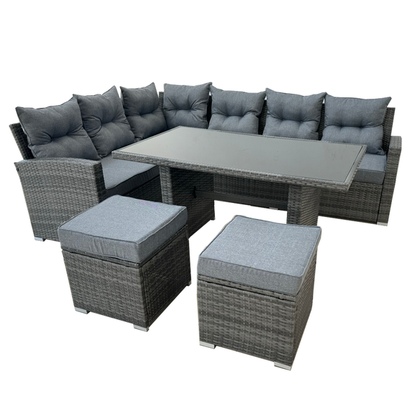 GARDEN FURNITURE SET (CORNER SOFA, 2 POUFFES, TABLE) - grey, cushions - grey *3453